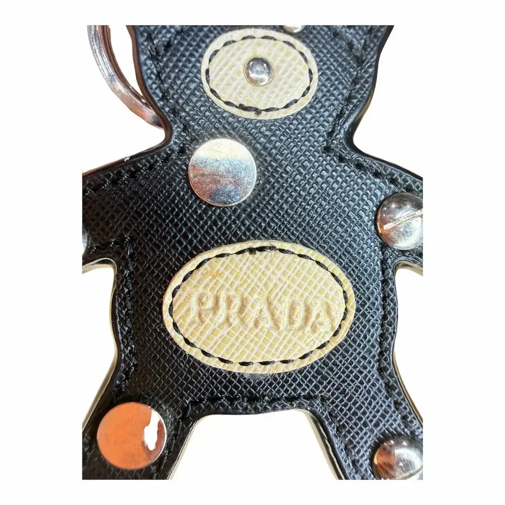 Authentic Prada Saffiano Leather Teddy Bear Bag Charm / Key Ring – Black & White